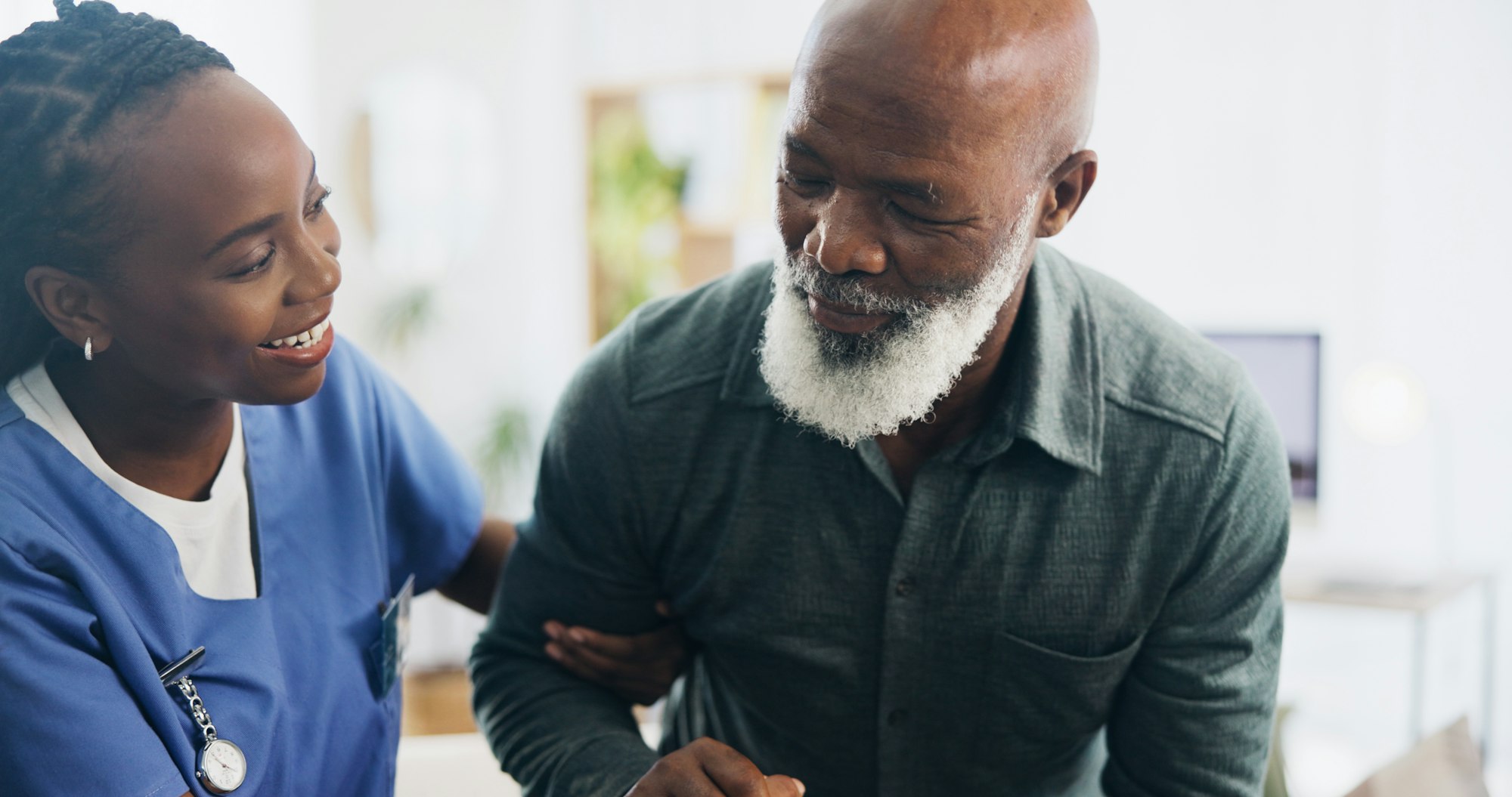 Nurse, elderly man and walking in home with balance, care and support for recovery from injury in r